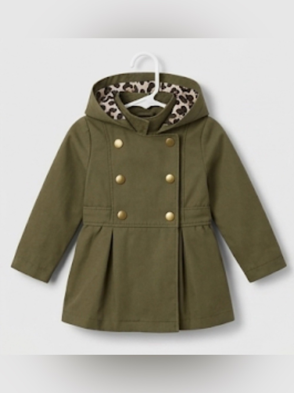 Tahari Olive Hooded Double-Breasted Pea Coat with Leopard Hood Lining